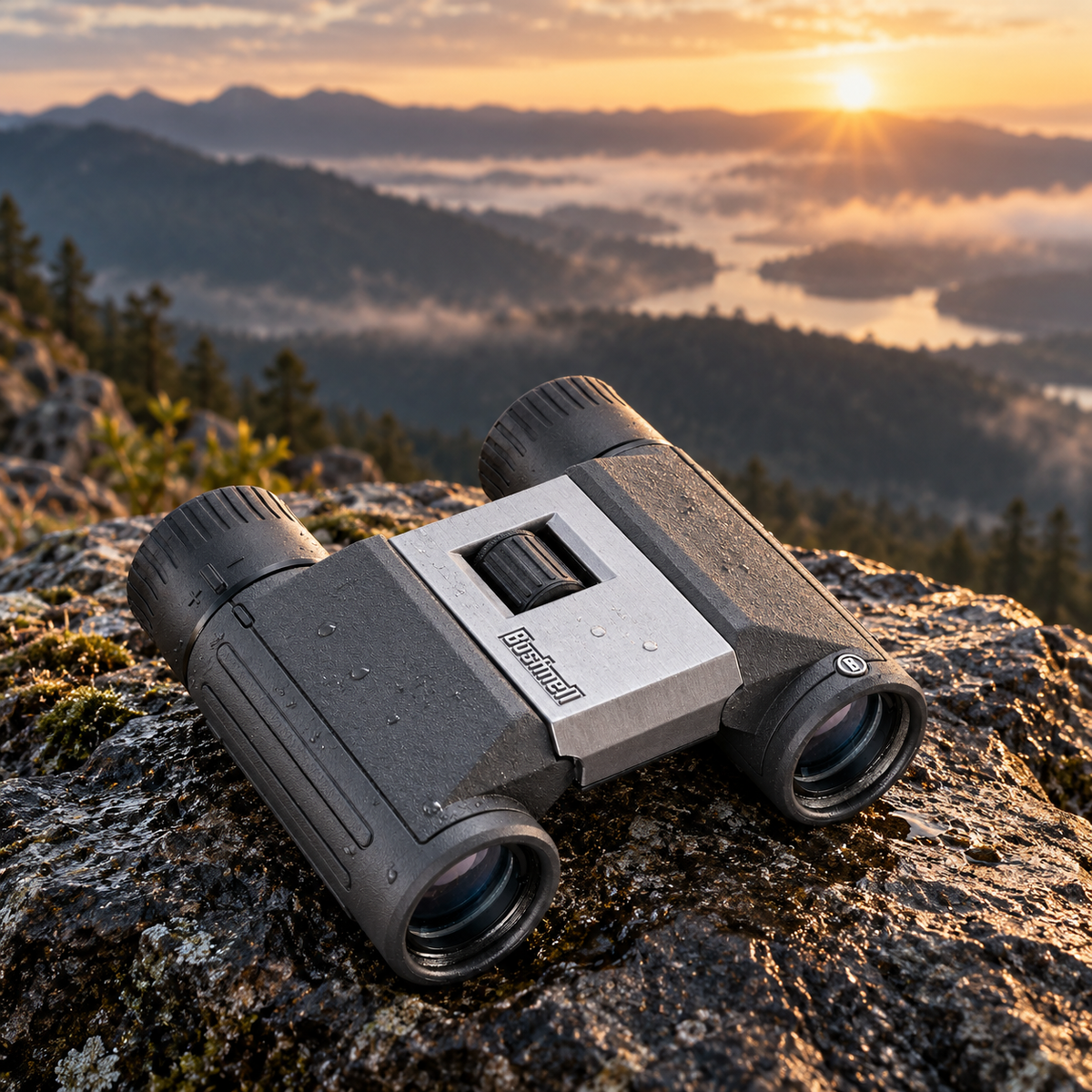 Binocular Bushnell PowerView 2 8x21 en exterior, junto a un lago al amanecer [binocular-bushnell-powerview-2-8x21-negro-3-paisaje.png]