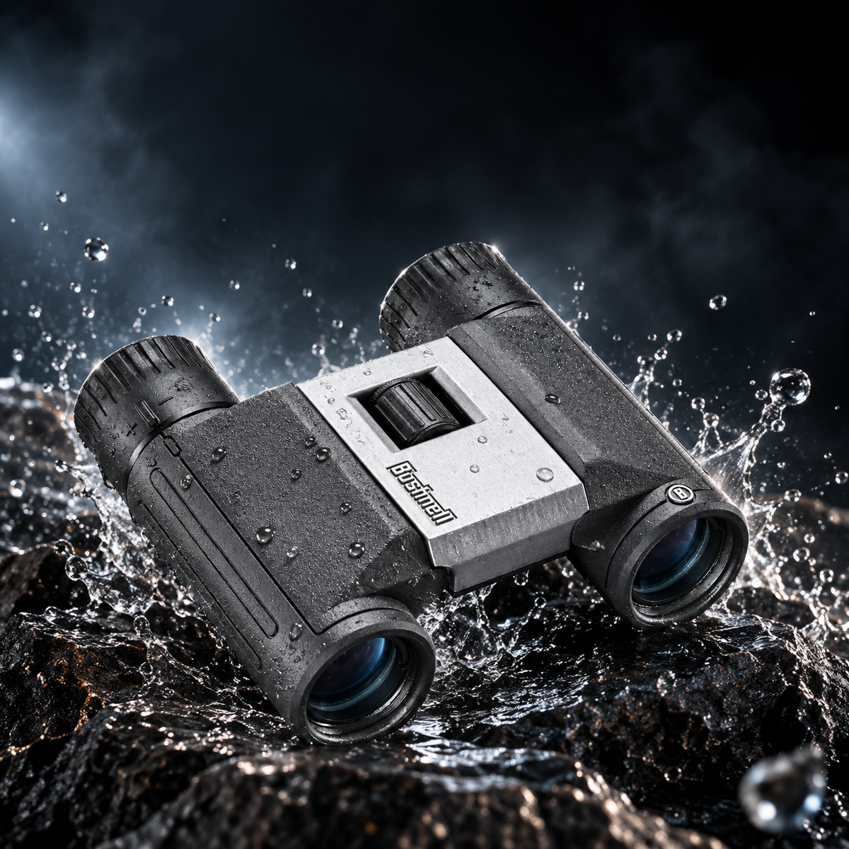 Binocular Bushnell PowerView 2 8x21 sobre una roca mojada junto al agua [binocular-bushnell-powerview-2-8x21-negro-5-agua.png]