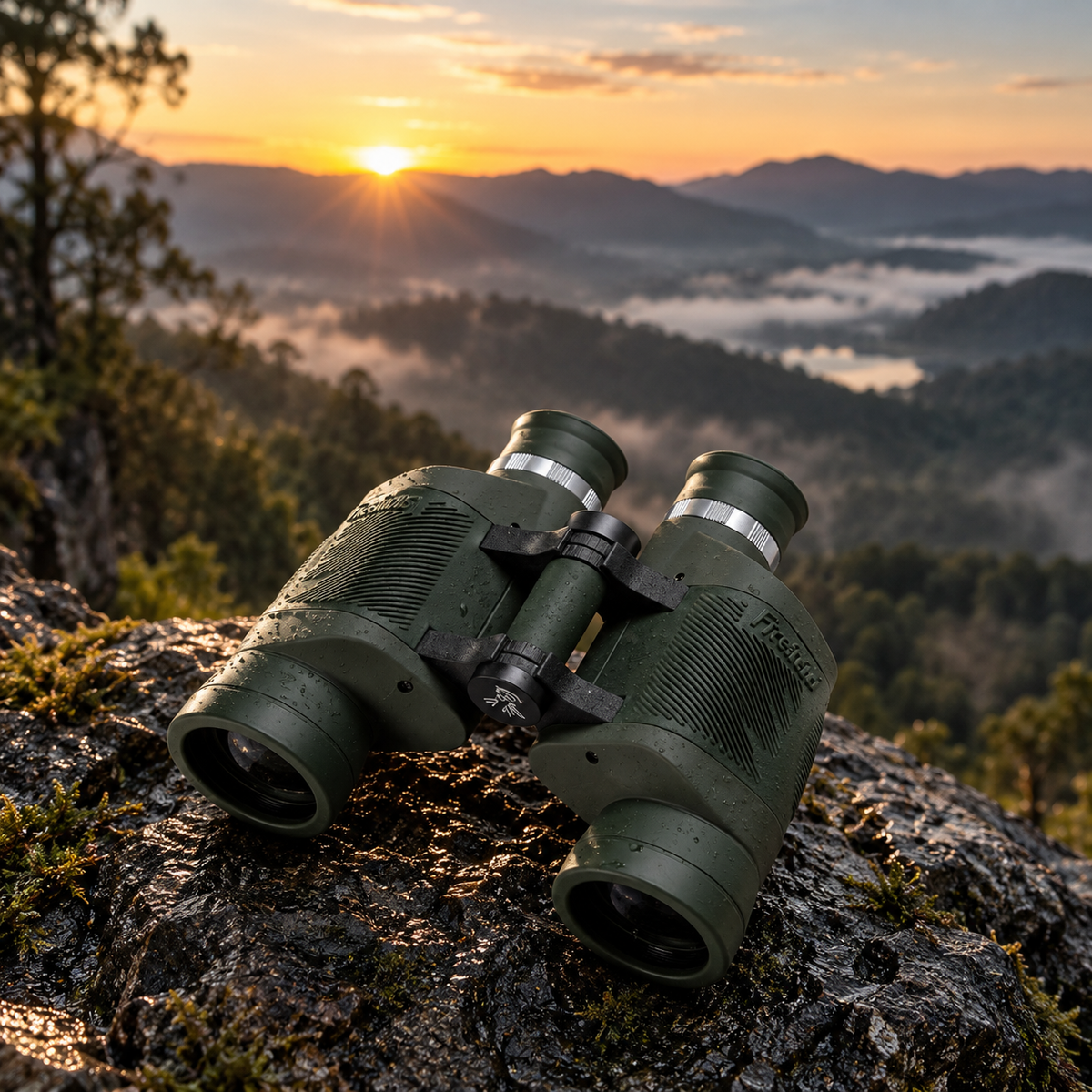 Binocular Gamo 8x40 AF Autoenfoque en exterior, junto a un lago al amanecer [binocular-gamo-8x40-af-autoenfoque-3-paisaje.png]