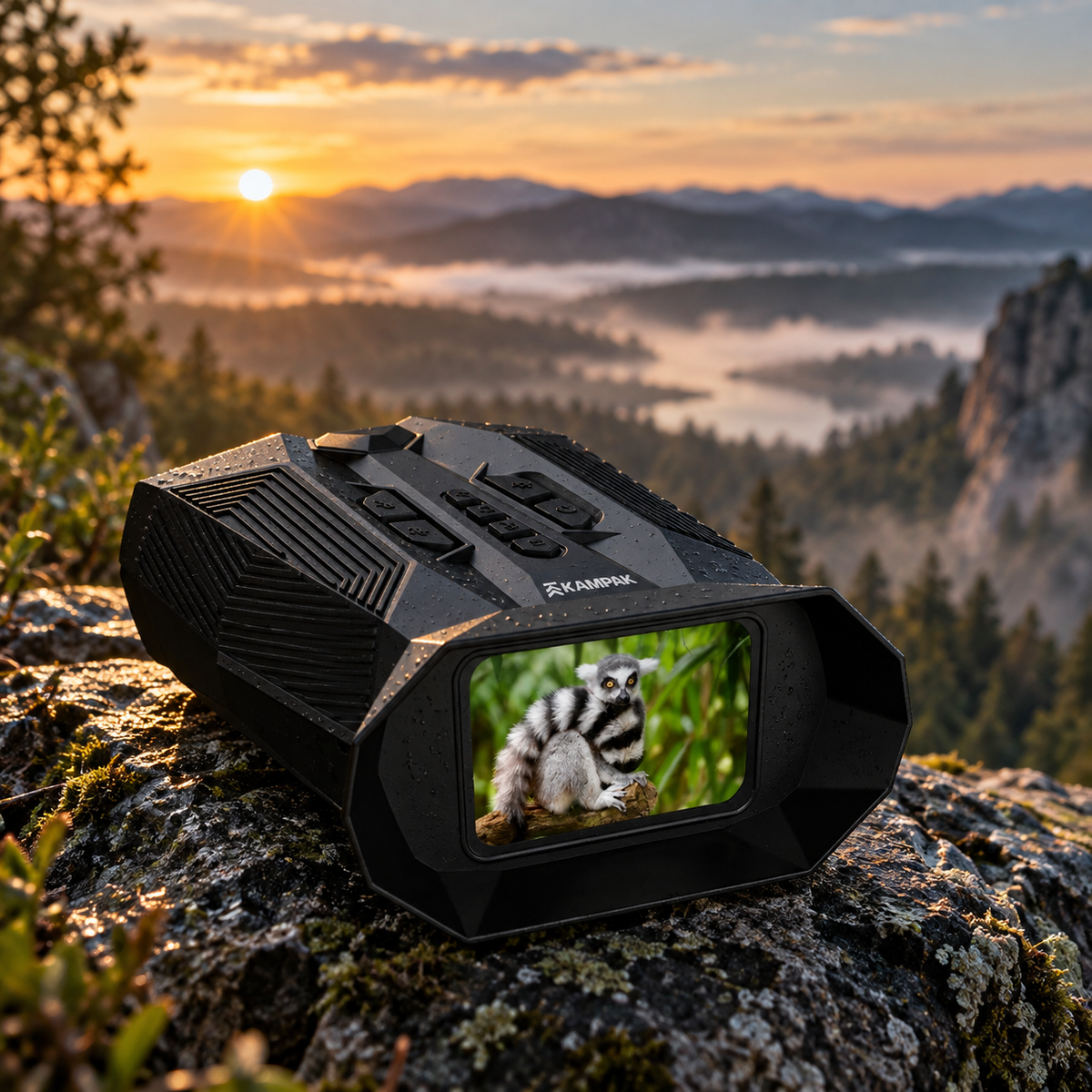 Binocular Kampak Visión Nocturna Digital en exterior, junto a un lago al amanecer [binocular-kampak-vision-nocturna-digital-3-paisaje.png]