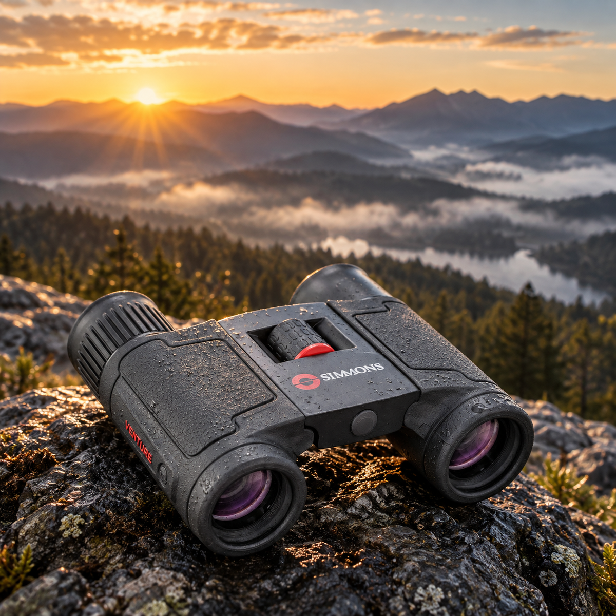 Binocular Simmons Venture 8x21 en exterior, junto a un lago al amanecer [binocular-simmons-venture-8x21-negro-3-paisaje.png]