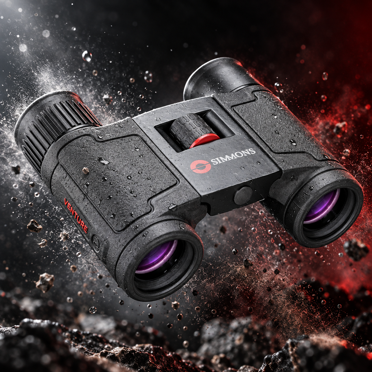 Binocular Simmons Venture 8x21 en toma de acción con salpicaduras de agua [binocular-simmons-venture-8x21-negro-4-accion.png]