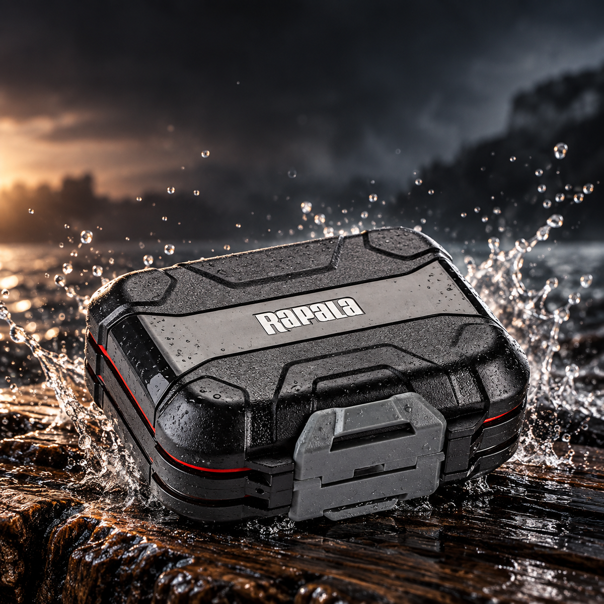 Caja Rapala Utility Box Chica sobre una roca mojada junto al agua [caja-rapala-utility-box-chica-5-agua.png]