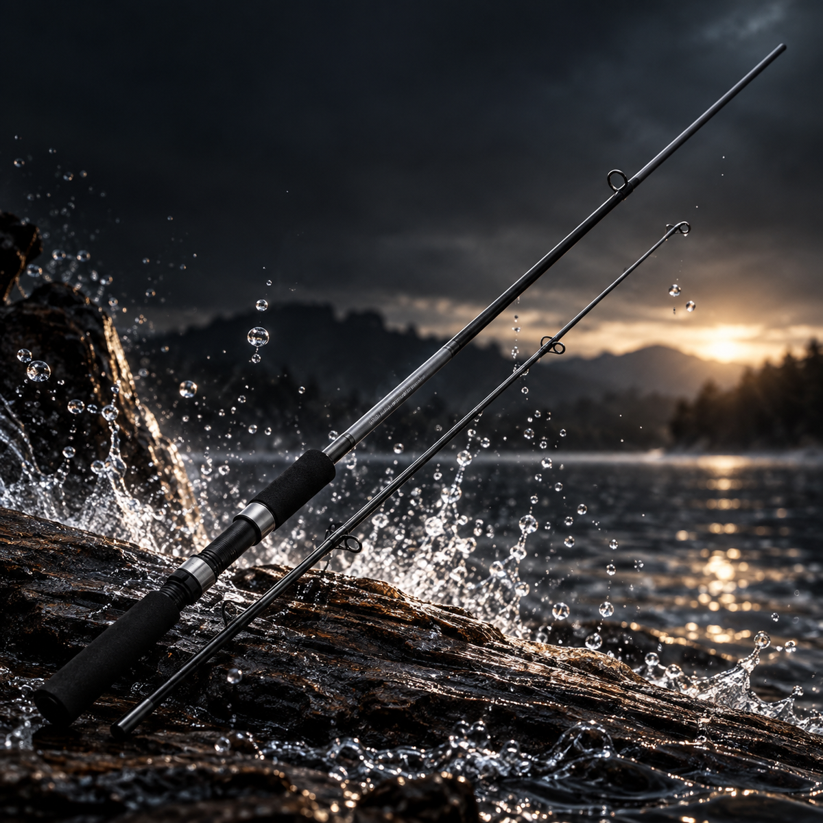 Caña de Pescar Okuma Revenger Spinning 8'0" (2.40m) sobre una roca mojada junto al agua [cana-de-pescar-okuma-revenger-spinning-80-2-40m-4-agua.png]