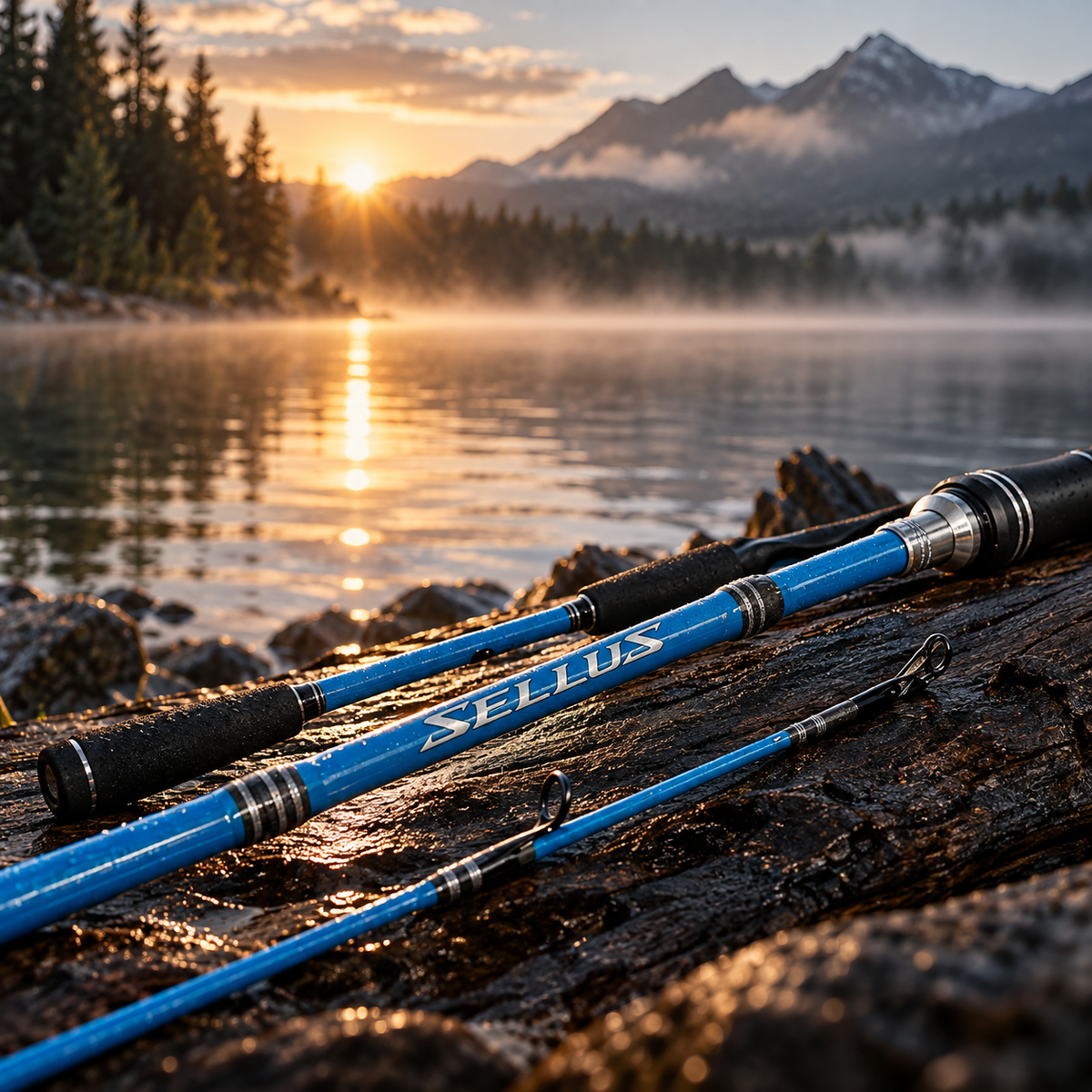 Caña de Pescar Shimano Sellus Spinning 5'8" en exterior, junto a un lago al amanecer [cana-shimano-sellus-spinning-5-8-3-paisaje.png]