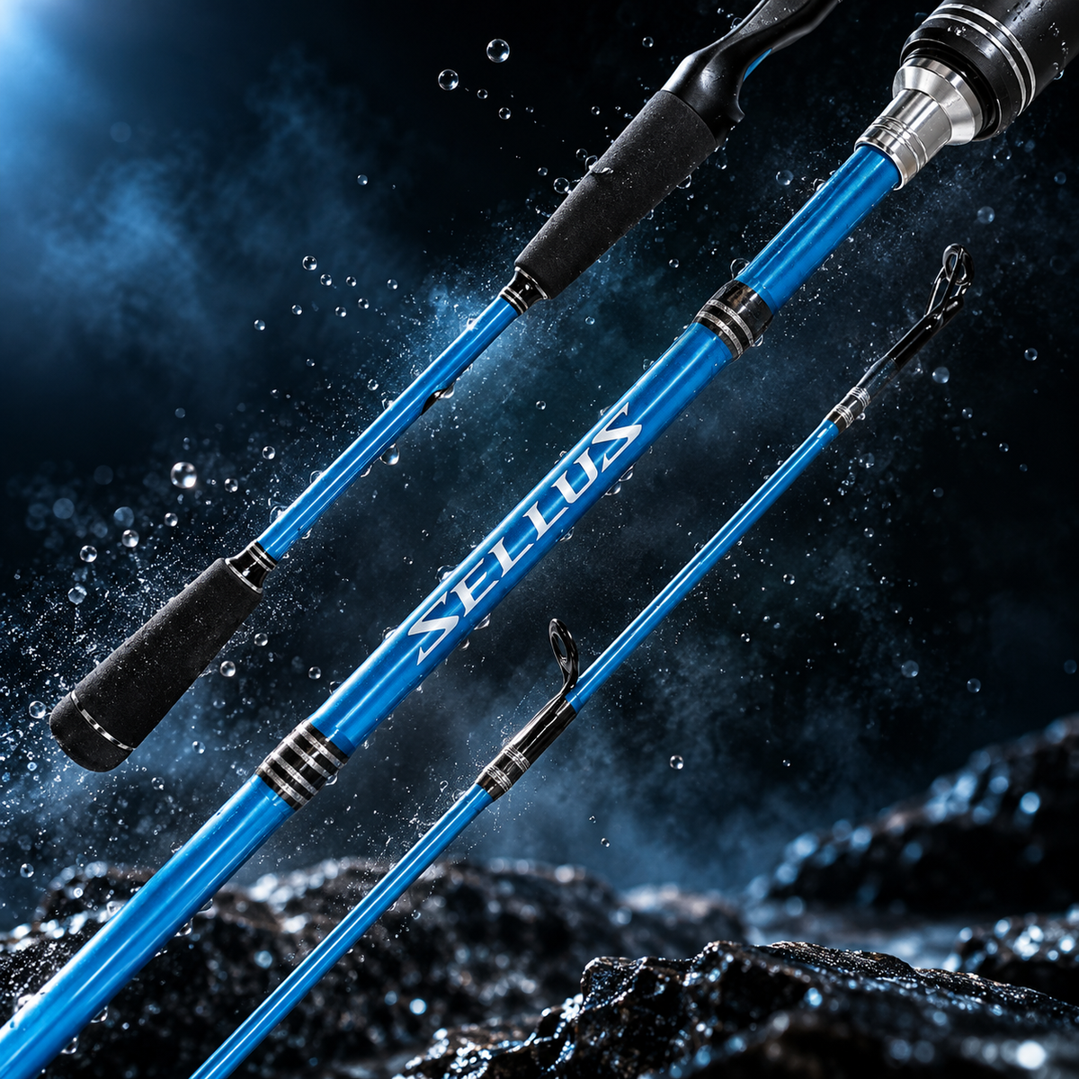 Caña de Pescar Shimano Sellus Spinning 5'8" en toma de acción con salpicaduras de agua [cana-shimano-sellus-spinning-5-8-4-accion.png]
