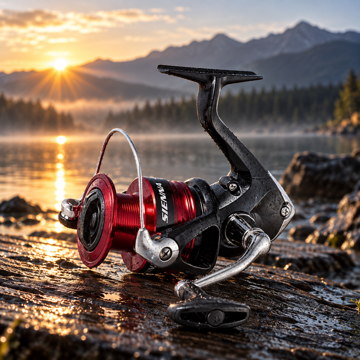 Carrete Shimano Sienna FG 4000 Spinning en exterior, junto a un lago al amanecer [carrete-shimano-sienna-fg-4000-spinning-3-paisaje.png]