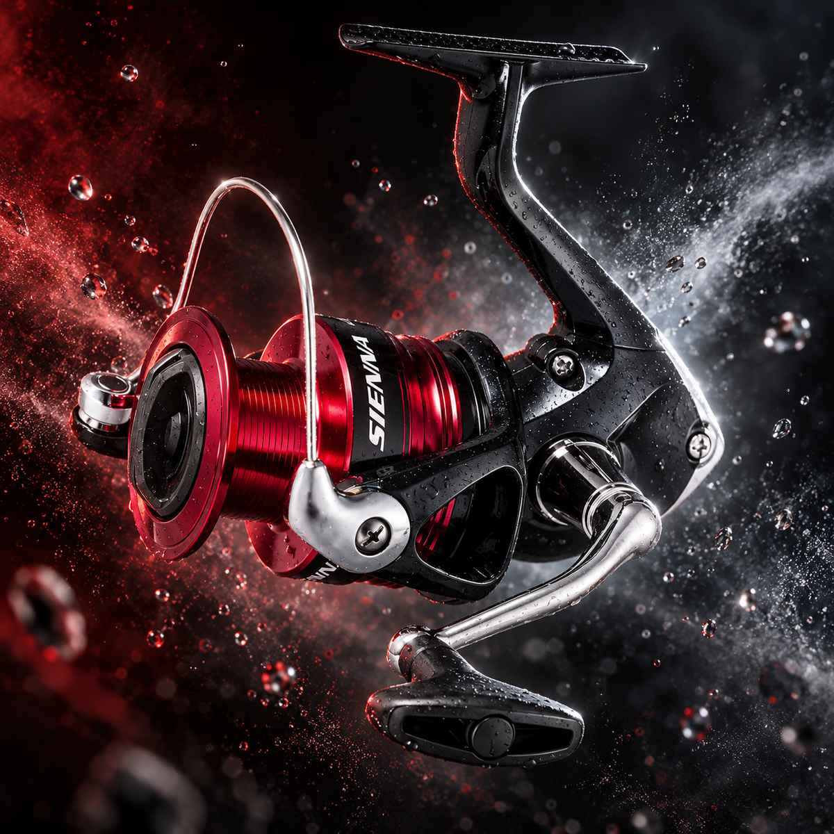 Carrete Shimano Sienna FG 4000 Spinning en toma de acción con salpicaduras de agua [carrete-shimano-sienna-fg-4000-spinning-4-accion.png]