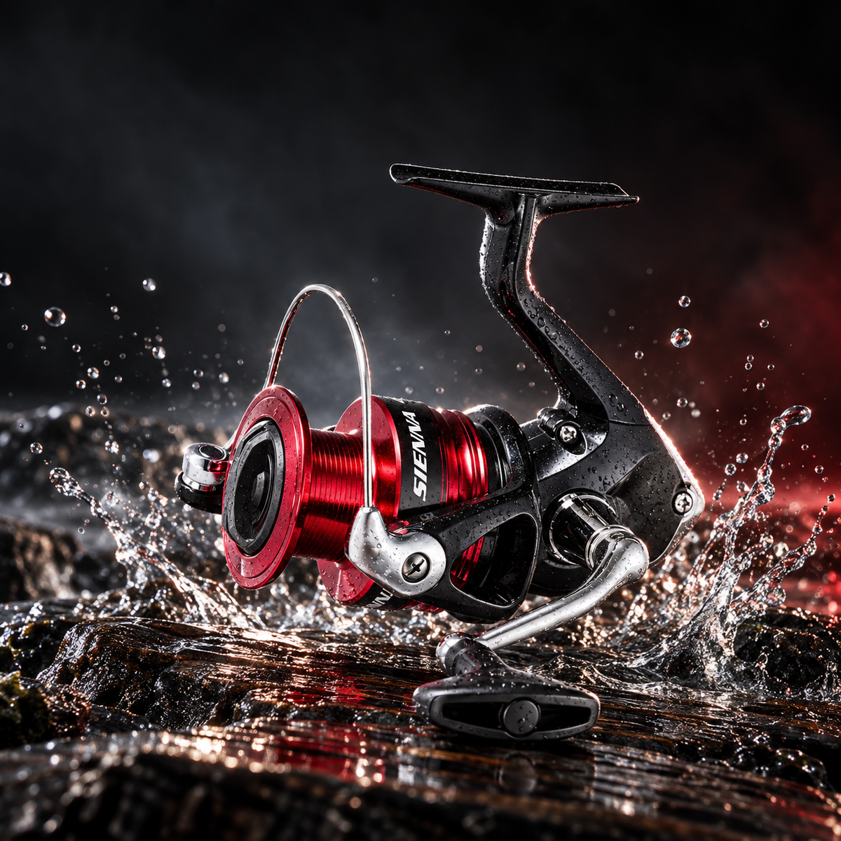 Carrete Shimano Sienna FG 4000 Spinning sobre una roca mojada junto al agua [carrete-shimano-sienna-fg-4000-spinning-5-agua.png]