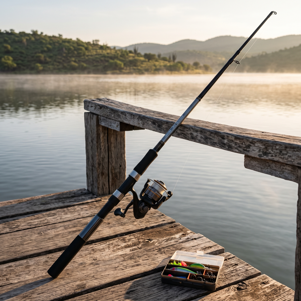 Combo Okuma Revenger 8'0" (2.45m) — Muelle en presa al amanecer [ia:1]