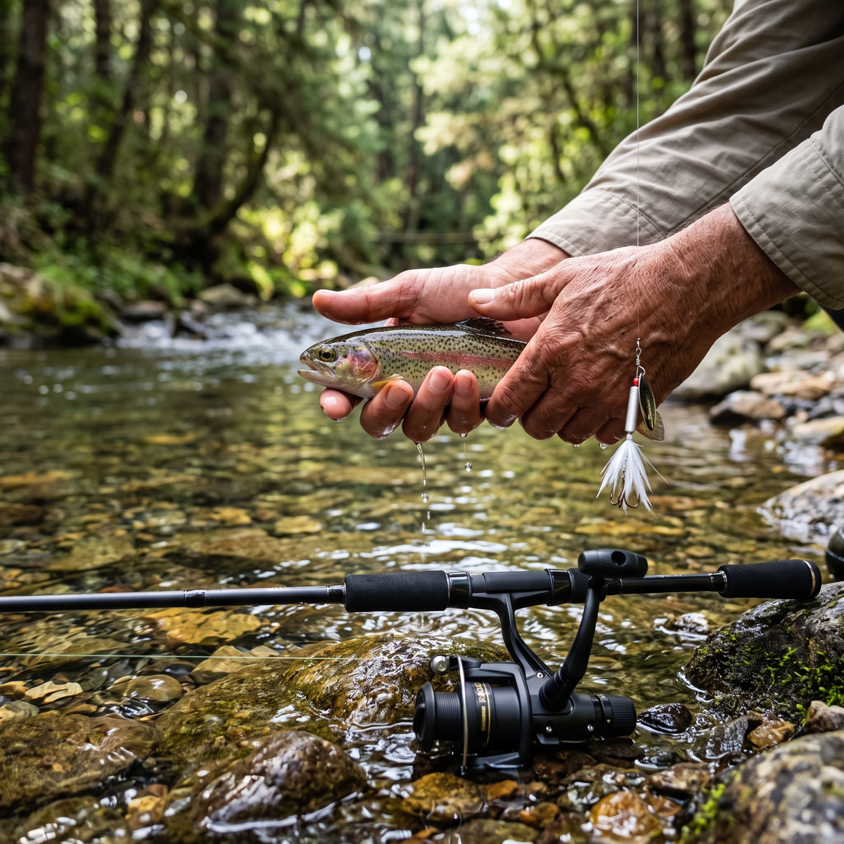 Kit Listo para Pescar Shimano Clarus 5'8" + IX R 1000 — Finesse — Manos con trucha en arroyo [ia:2]