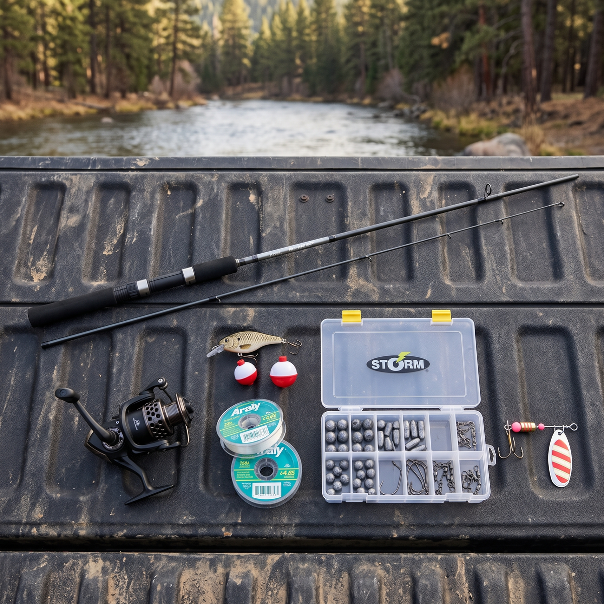 Kit Listo para Pescar Okuma Revenger 7'0" — Todo Terreno — Flat lay en batea de pickup junto al río [ia:1]