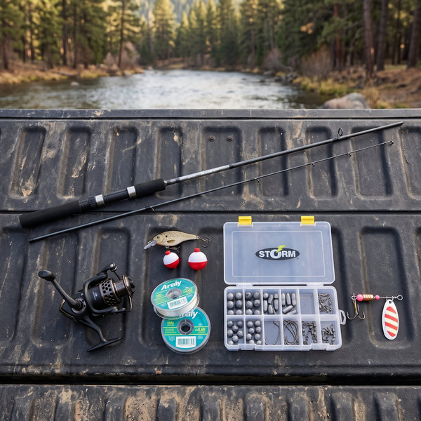 Kit Listo para Pescar Okuma Revenger 7'0" — Todo Terreno — Flat lay en batea de pickup junto al río [ia:1]