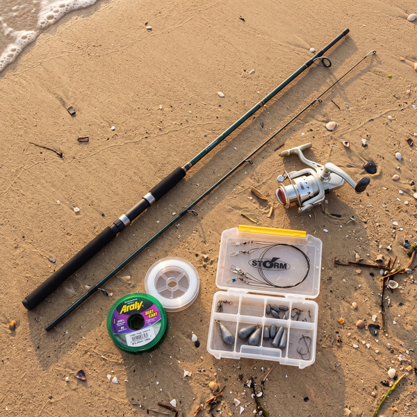 Kit Listo para Pescar Blue Fox Tolten 8'0" — Mar y Costa — Flat lay en arena de playa [ia:1]