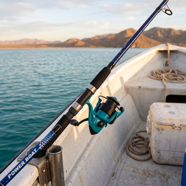 Combo Blue Fox Power Boat 6'4" (1.95m) — Caña + Carrete — En portacañas de panga, Mar de Cortés [ia:1]