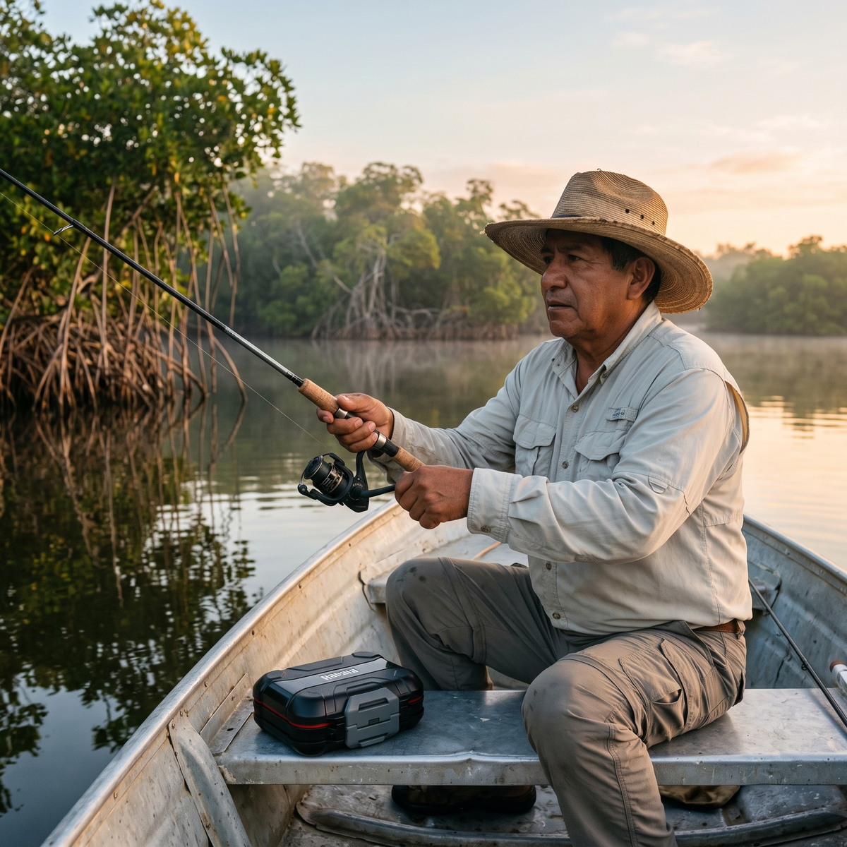 Combo Rapala Corux 240 (7'10") — Caña + Carrete + Caja — Pescador en lancha entre manglares [ia:2]