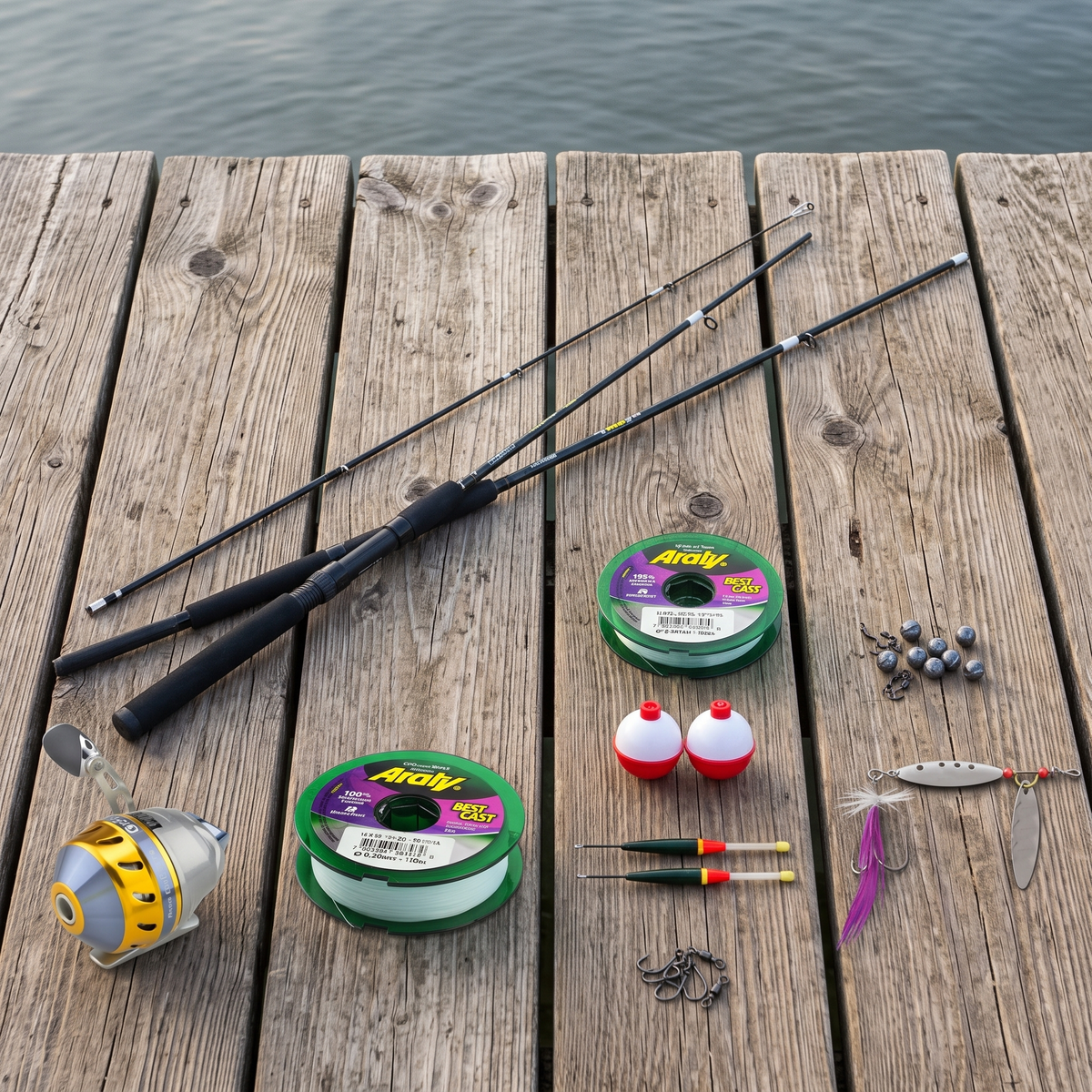 Kit Listo para Pescar Blue Fox Fresh 7'0" — Agua Dulce — Flat lay "todo incluido" en muelle [ia:1]
