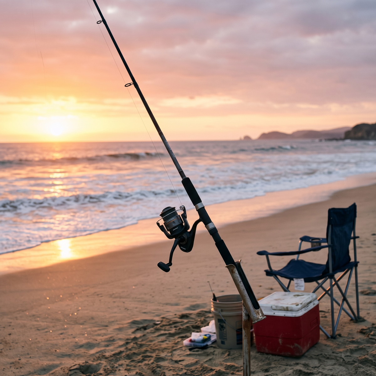 Combo Okuma Revenger 8'0" (2.40m) — Caña + Carrete — En portacañas en playa al atardecer [ia:1]