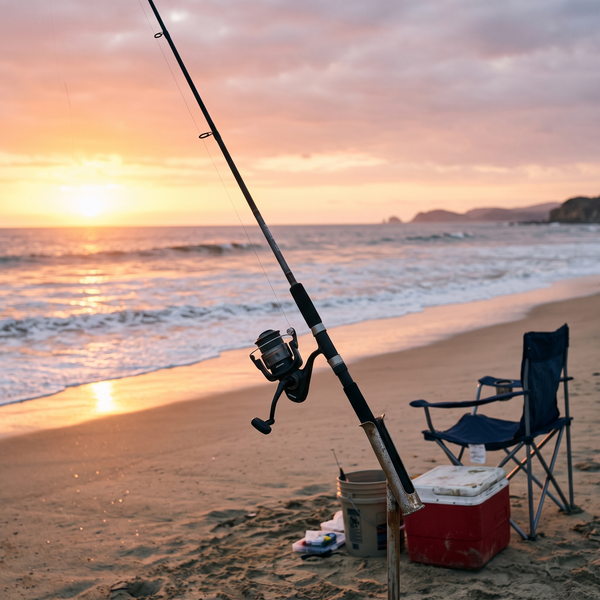 Combo Okuma Revenger 8'0" (2.40m) — Caña + Carrete — En portacañas en playa al atardecer [ia:1]