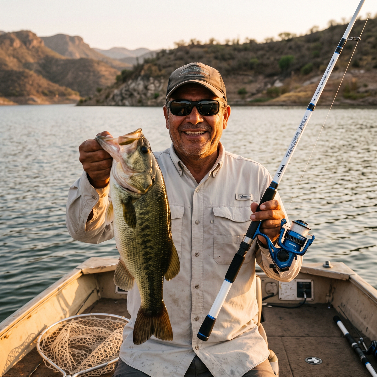 Kit Listo para Pescar Okuma Tundra Pro 7'0" + Topaz Pro 40 — Pescador con lobina en presa [ia:2]