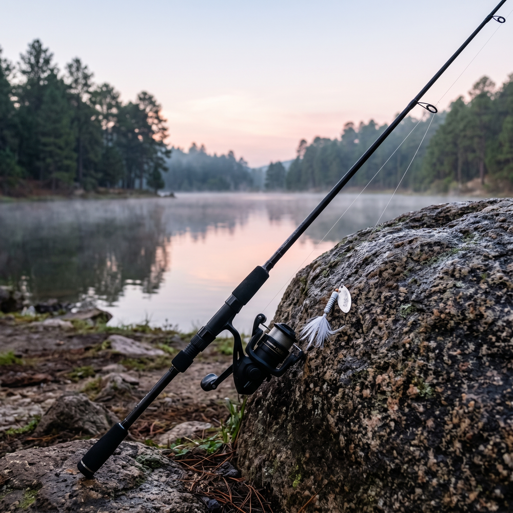 Kit Listo para Pescar Shimano Clarus 5'8" + IX R 1000 — Finesse — Caña en roca junto a lago al amanecer [ia:1]