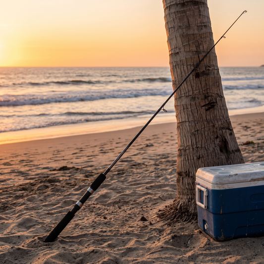 Caña de Pescar Okuma Revenger Spinning 8'0" (2.40m) — Junto a palmera en la playa al atardecer [ia:1]