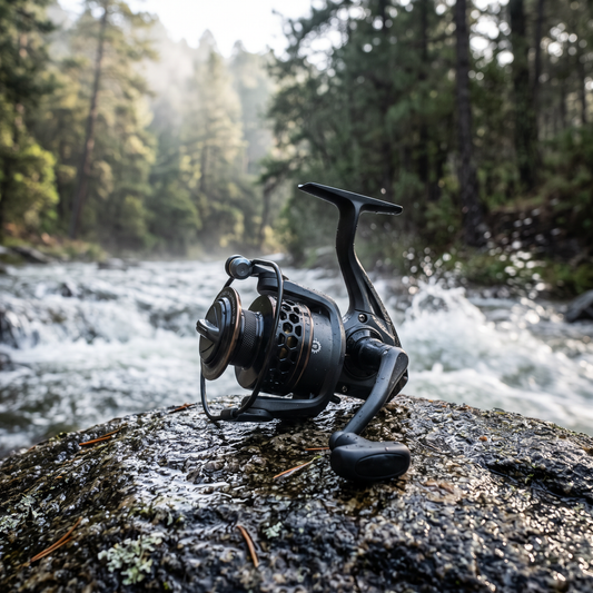 Carrete Gimbel JL4000 Spinning — En roca de río de montaña [ia:1]