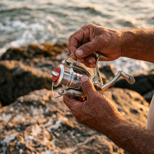 Carrete Gimbel S500 Spinning — En manos de pescador en escollera [ia:2]