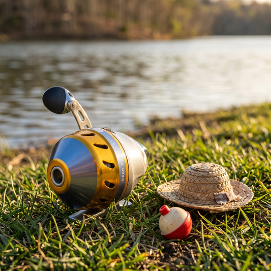 Carrete Gimbel AFR230 Spinning — En el pasto junto al lago con sombrero [ia:2]