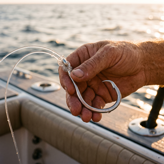 Anzuelo Mustad Tuna Circle #10/0 — En mano, con líder en lancha de altura [ia:1]
