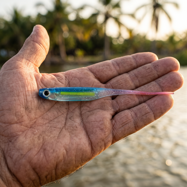 Señuelo Gimbel W8023 Verde — En mano, junto a una laguna de Nayarit [ia:1]