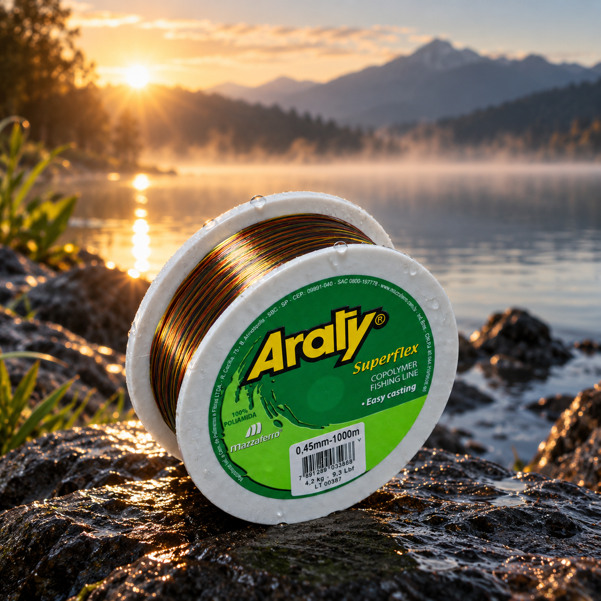 Hilo Araty 0.45mm 1000m Multicolor en exterior, junto a un lago al amanecer [hilo-araty-0-45mm-1000m-multicolor-3-paisaje.png]