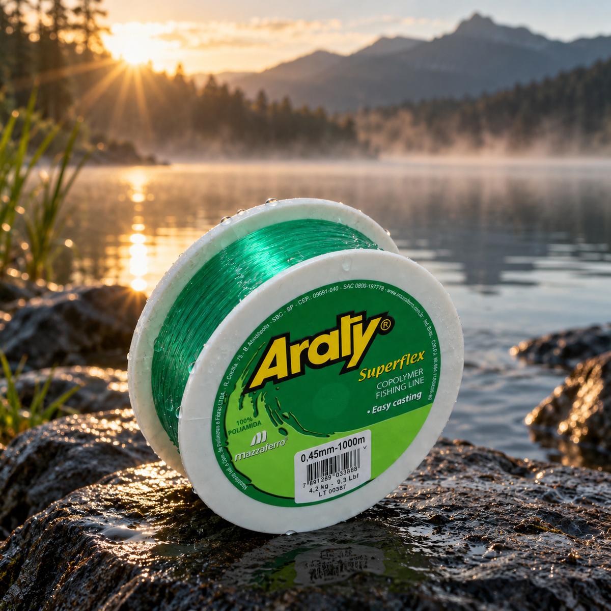 Hilo Araty 0.45mm 1000m Verde en exterior, junto a un lago al amanecer [hilo-araty-0-45mm-1000m-verde-3-paisaje.png]
