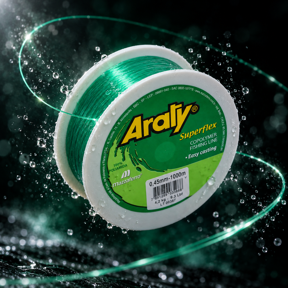 Hilo Araty 0.45mm 1000m Verde en toma de acción con salpicaduras de agua [hilo-araty-0-45mm-1000m-verde-4-accion.png]