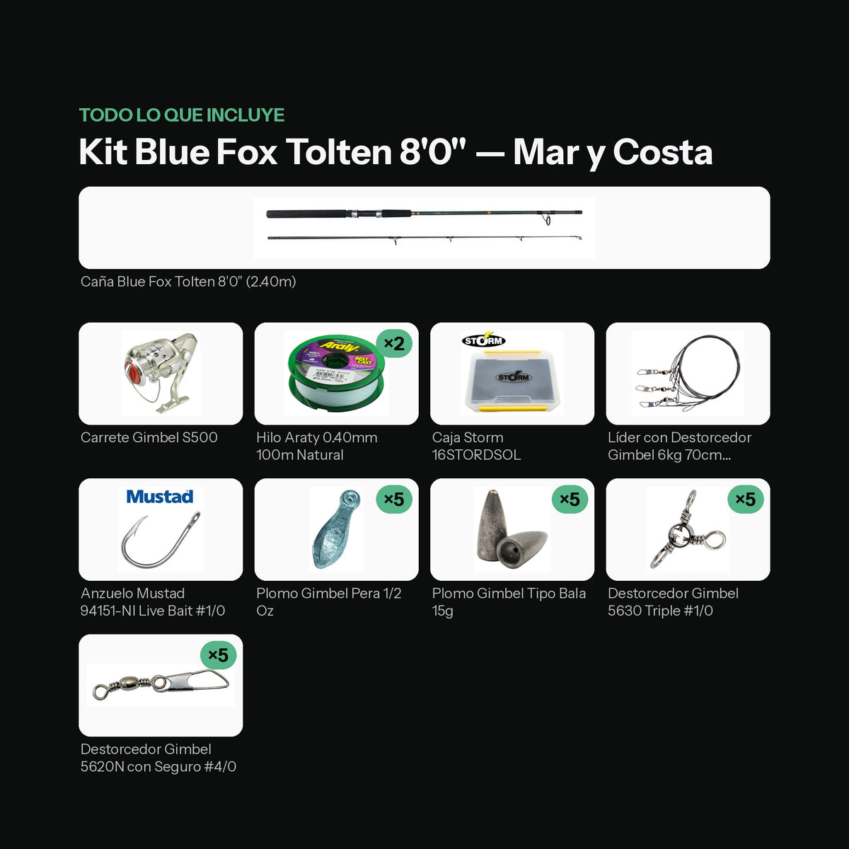 Kit Listo para Pescar Blue Fox Tolten 8'0" — Mar y Costa: todo lo que incluye [kit-portada]