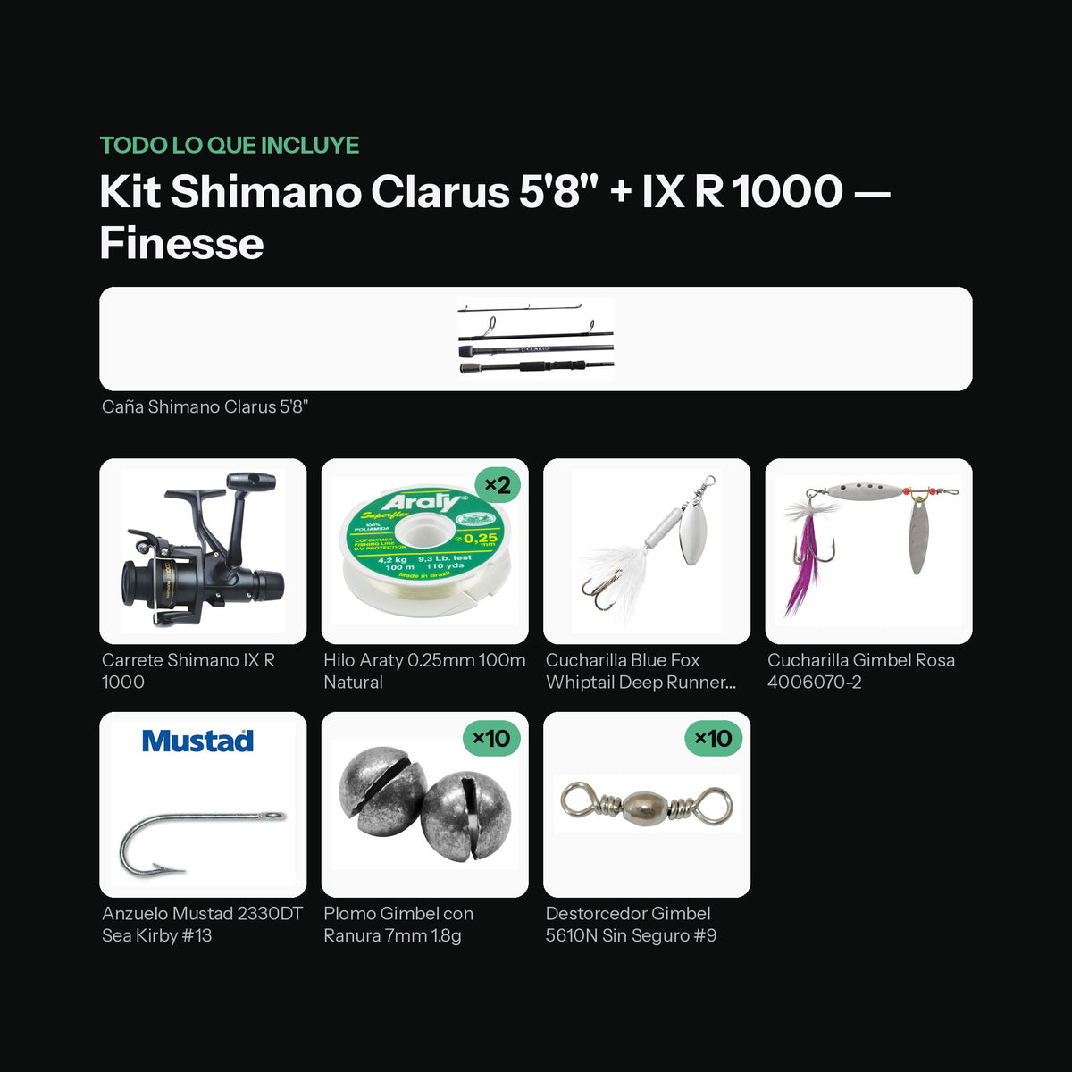 Kit Listo para Pescar Shimano Clarus 5'8" + IX R 1000 — Finesse: todo lo que incluye [kit-portada]